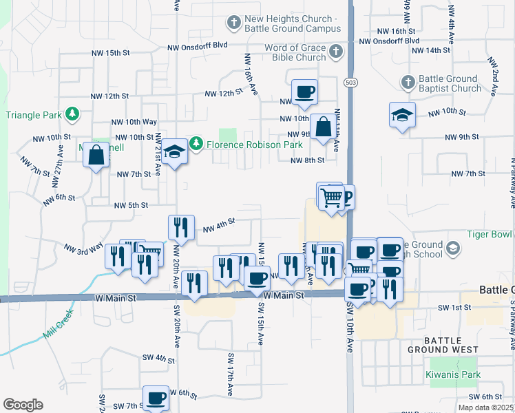 map of restaurants, bars, coffee shops, grocery stores, and more near 1408 Northwest 4th Street in Battle Ground
