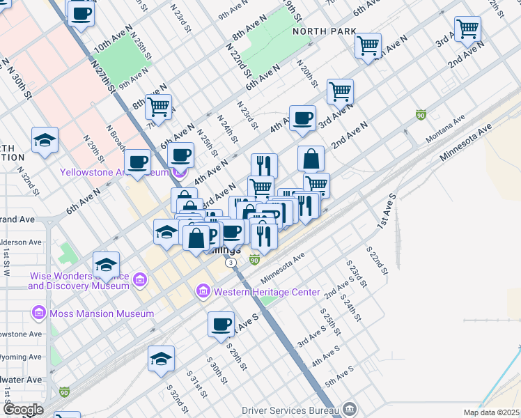 map of restaurants, bars, coffee shops, grocery stores, and more near 117 North 25th Street in Billings