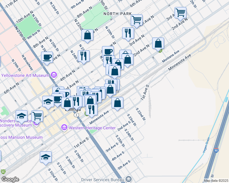 map of restaurants, bars, coffee shops, grocery stores, and more near 2200-2254 Montana Avenue in Billings