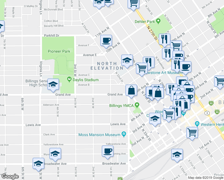 map of restaurants, bars, coffee shops, grocery stores, and more near 1409 1st Street West in Billings