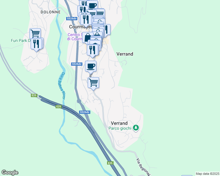 map of restaurants, bars, coffee shops, grocery stores, and more near 45 Via Donzelli in Courmayeur