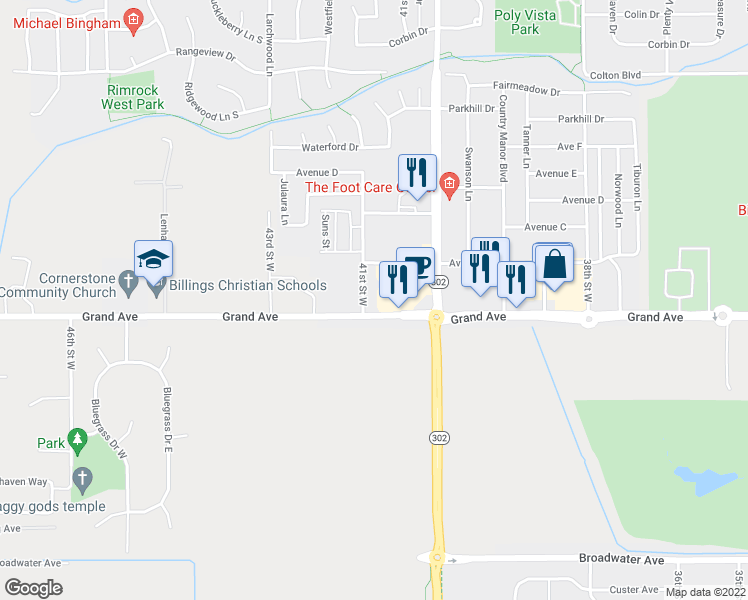 map of restaurants, bars, coffee shops, grocery stores, and more near 1445 41st Street West in Billings