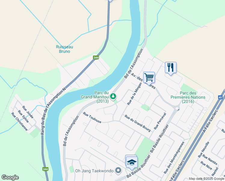 map of restaurants, bars, coffee shops, grocery stores, and more near 1103 Boulevard de l'Assomption in Repentigny