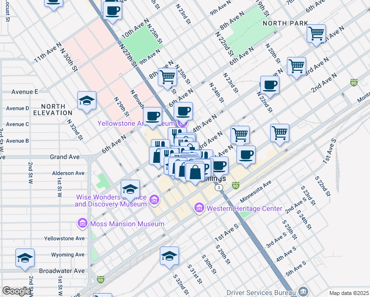 map of restaurants, bars, coffee shops, grocery stores, and more near 310 North 27th Street in Billings