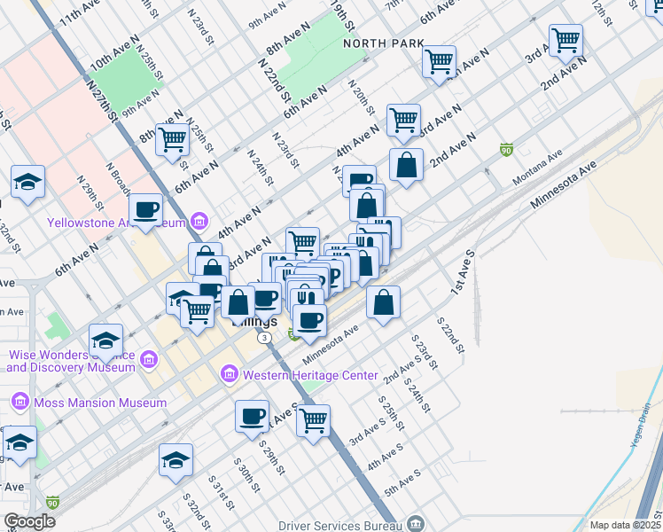 map of restaurants, bars, coffee shops, grocery stores, and more near 101 North 24th Street in Billings