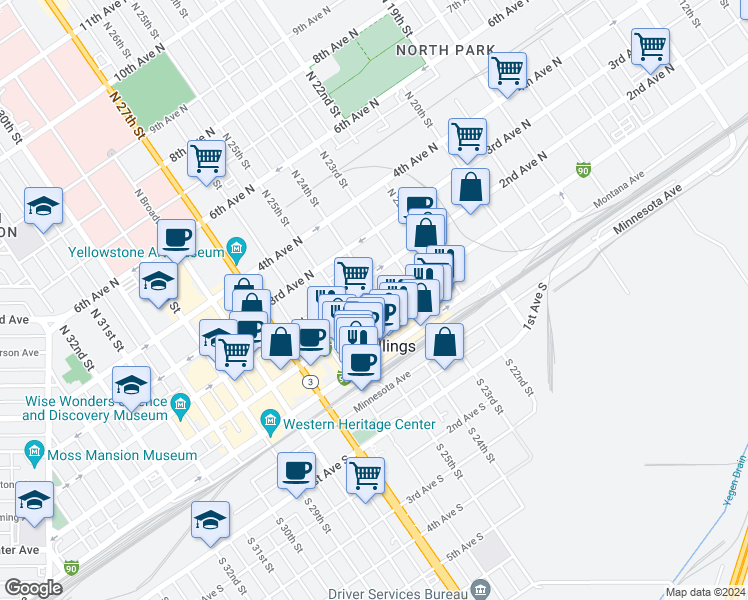 map of restaurants, bars, coffee shops, grocery stores, and more near 118 North 24th Street in Billings