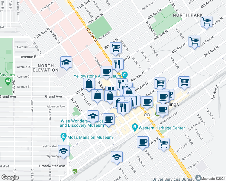 map of restaurants, bars, coffee shops, grocery stores, and more near 402 North Broadway in Billings
