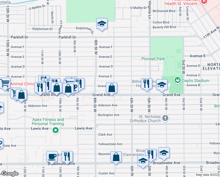 map of restaurants, bars, coffee shops, grocery stores, and more near 712 Avenue B in Billings