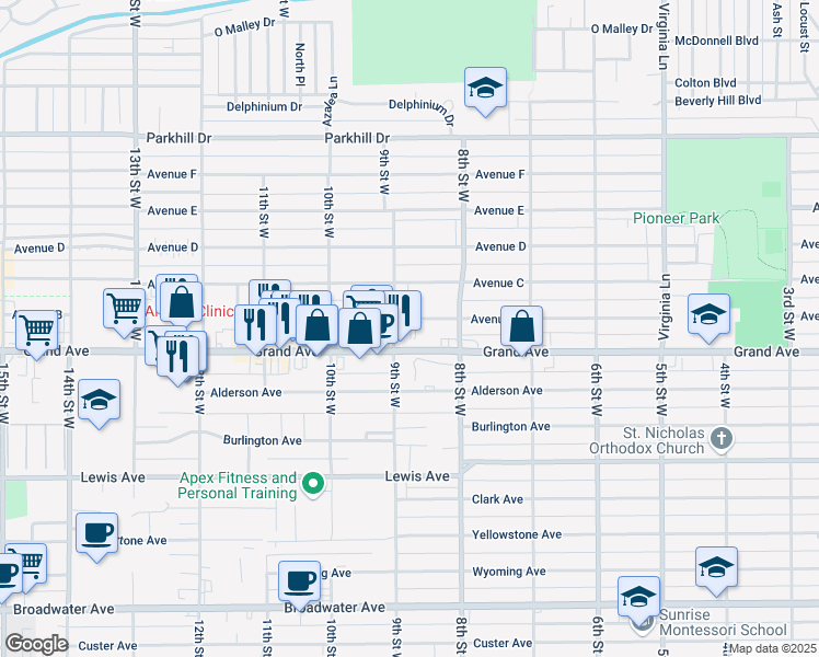 map of restaurants, bars, coffee shops, grocery stores, and more near 1400 9th Street West in Billings