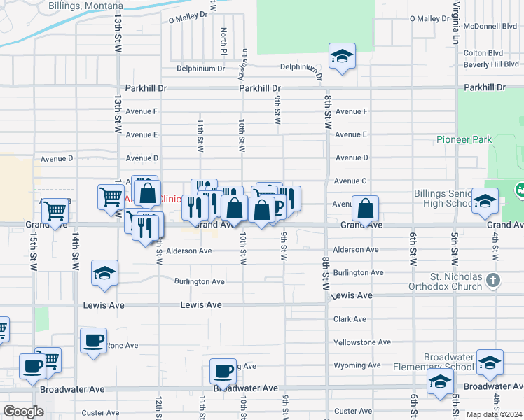 map of restaurants, bars, coffee shops, grocery stores, and more near 932 Avenue B in Billings