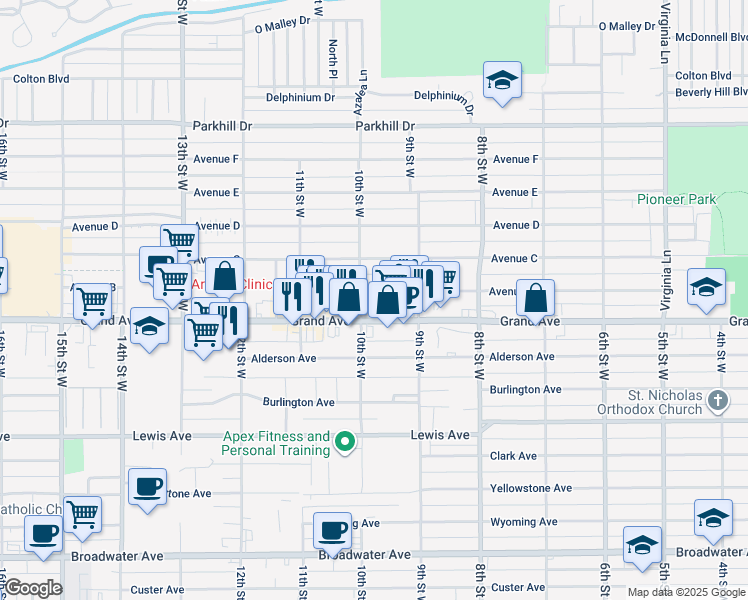 map of restaurants, bars, coffee shops, grocery stores, and more near 932 Avenue B in Billings