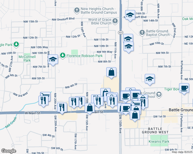 map of restaurants, bars, coffee shops, grocery stores, and more near 518 Northwest 12th Avenue in Battle Ground