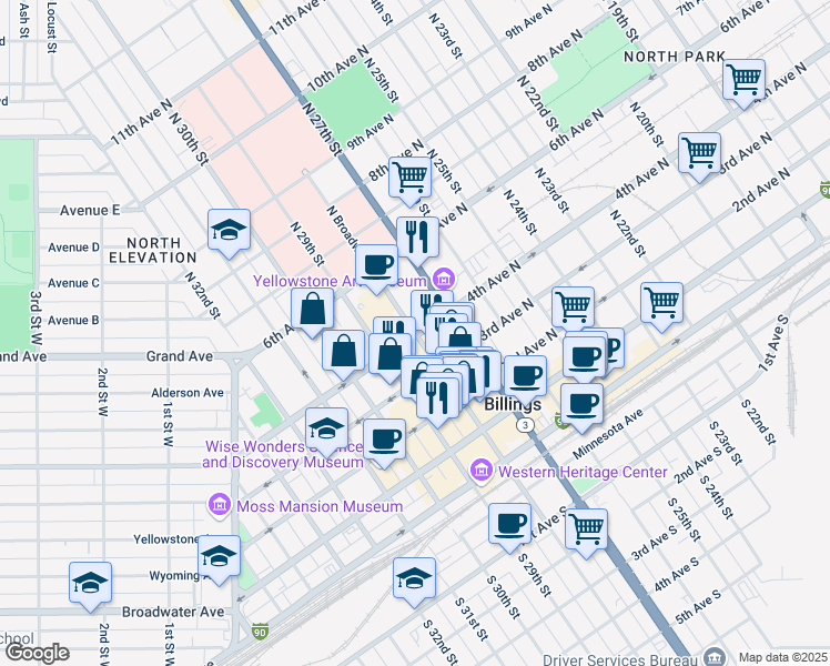 map of restaurants, bars, coffee shops, grocery stores, and more near 402 North Broadway in Billings