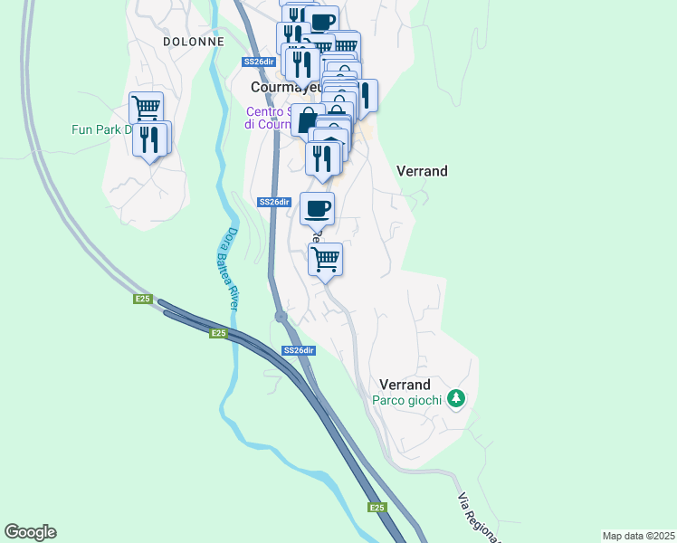 map of restaurants, bars, coffee shops, grocery stores, and more near 25 Via Les Golettes in Courmayeur