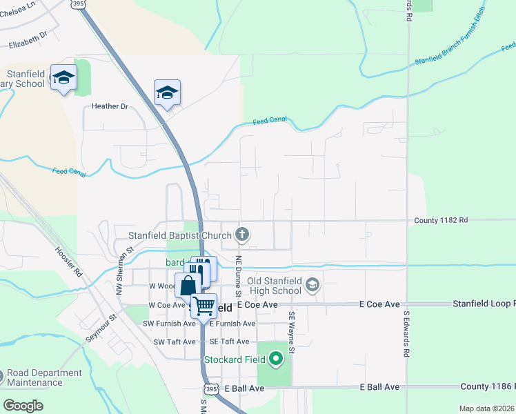 map of restaurants, bars, coffee shops, grocery stores, and more near North Earl Street in Stanfield