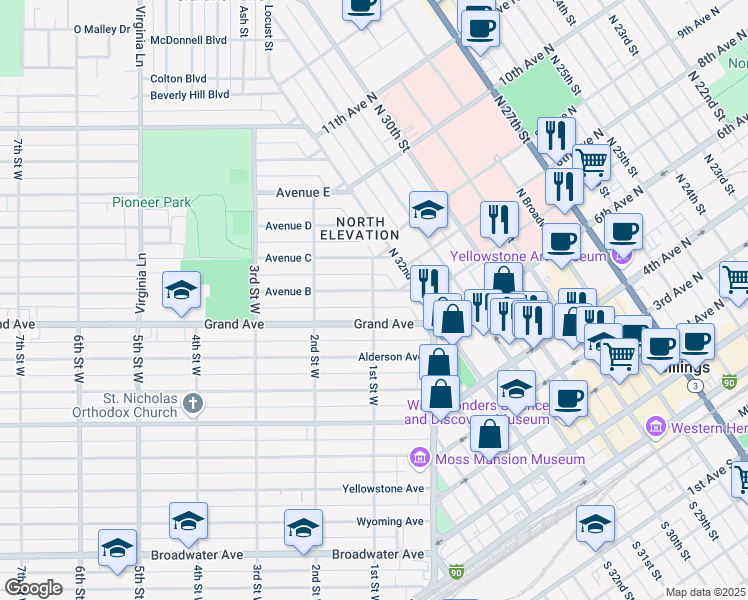 map of restaurants, bars, coffee shops, grocery stores, and more near 1409 1st Street West in Billings