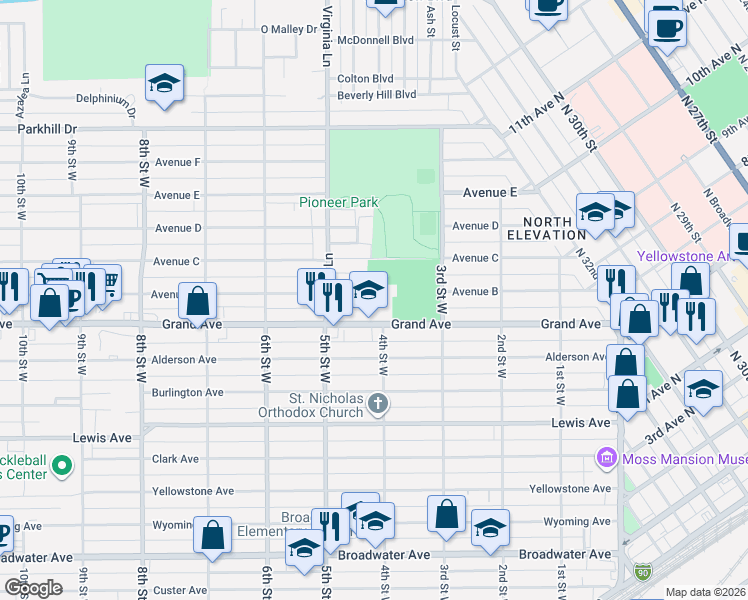 map of restaurants, bars, coffee shops, grocery stores, and more near 401-499 Grand Ave in Billings