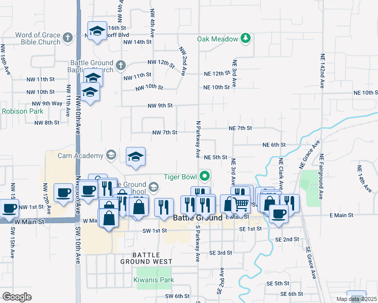 map of restaurants, bars, coffee shops, grocery stores, and more near 510 North Parkway Avenue in Battle Ground