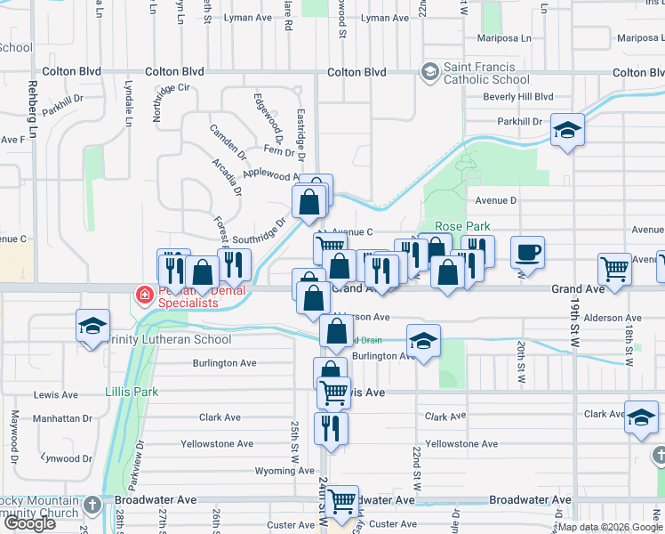 map of restaurants, bars, coffee shops, grocery stores, and more near 2349 Grand Avenue in Billings