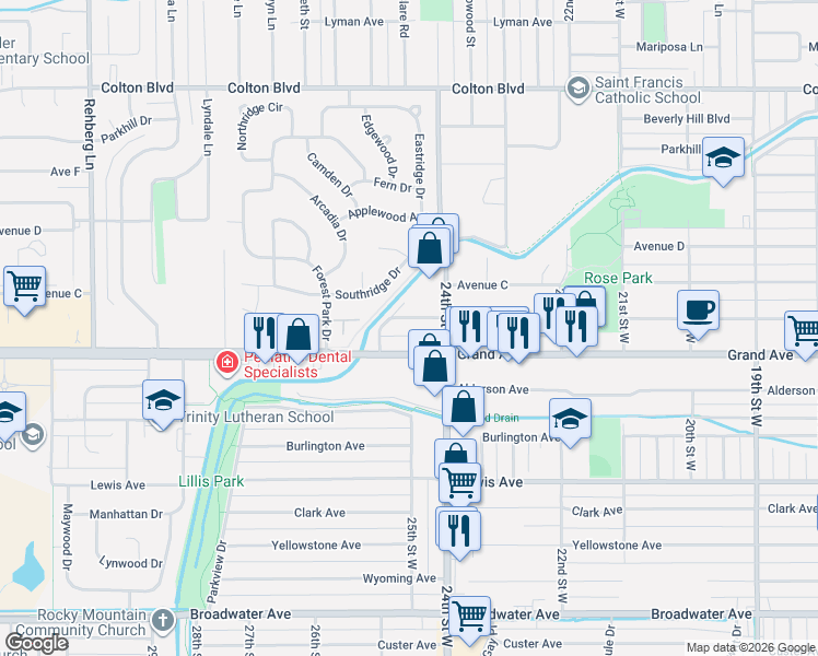 map of restaurants, bars, coffee shops, grocery stores, and more near 2425 Grand Ave in Billings