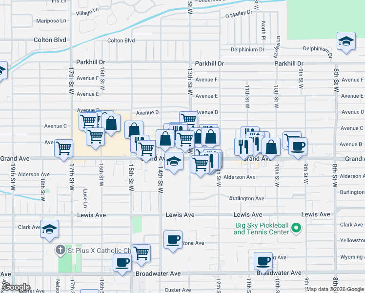 map of restaurants, bars, coffee shops, grocery stores, and more near 1309 Grand Avenue in Billings