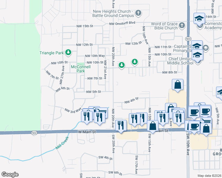 map of restaurants, bars, coffee shops, grocery stores, and more near 508 Northwest 20th Avenue in Battle Ground