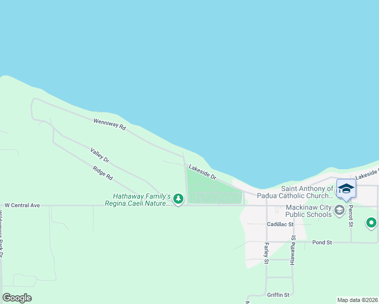 map of restaurants, bars, coffee shops, grocery stores, and more near 1076 Lakeside Drive in Mackinaw City