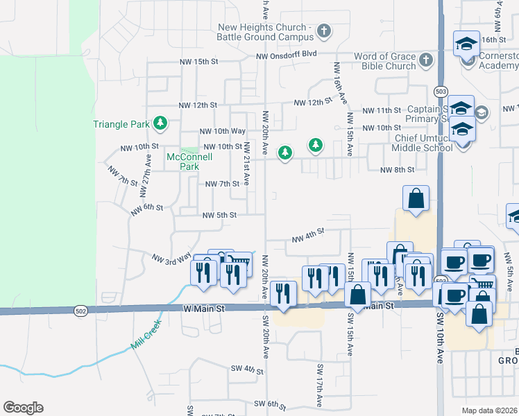 map of restaurants, bars, coffee shops, grocery stores, and more near 508 Northwest 20th Avenue in Battle Ground