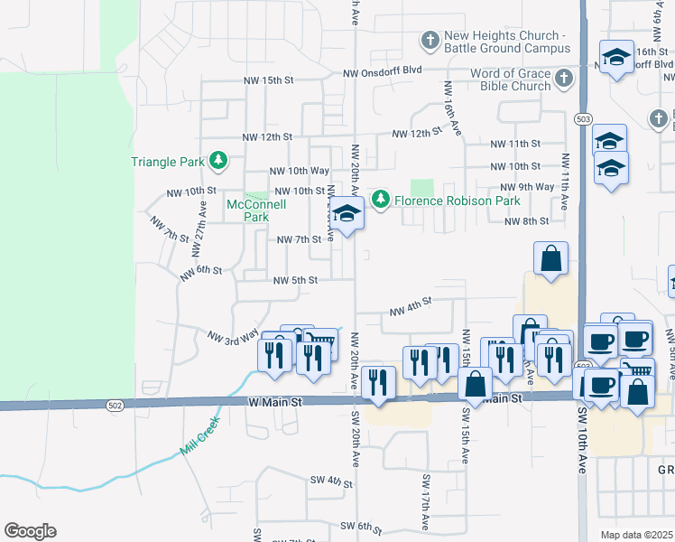 map of restaurants, bars, coffee shops, grocery stores, and more near 507 Northwest 21st Avenue in Battle Ground