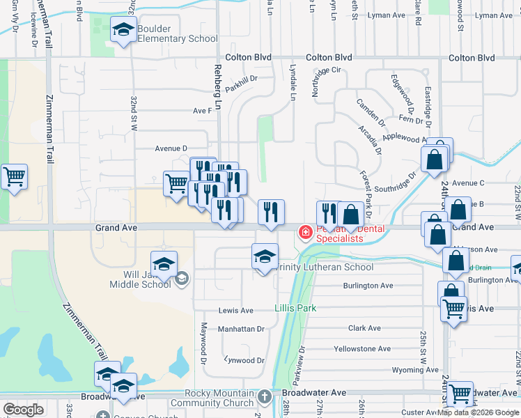 map of restaurants, bars, coffee shops, grocery stores, and more near 1458 Patricia Lane in Billings