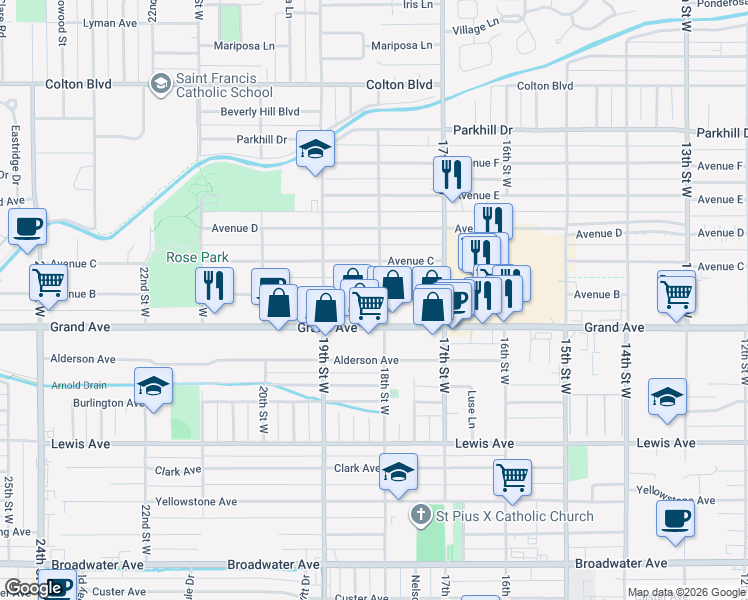 map of restaurants, bars, coffee shops, grocery stores, and more near in Billings