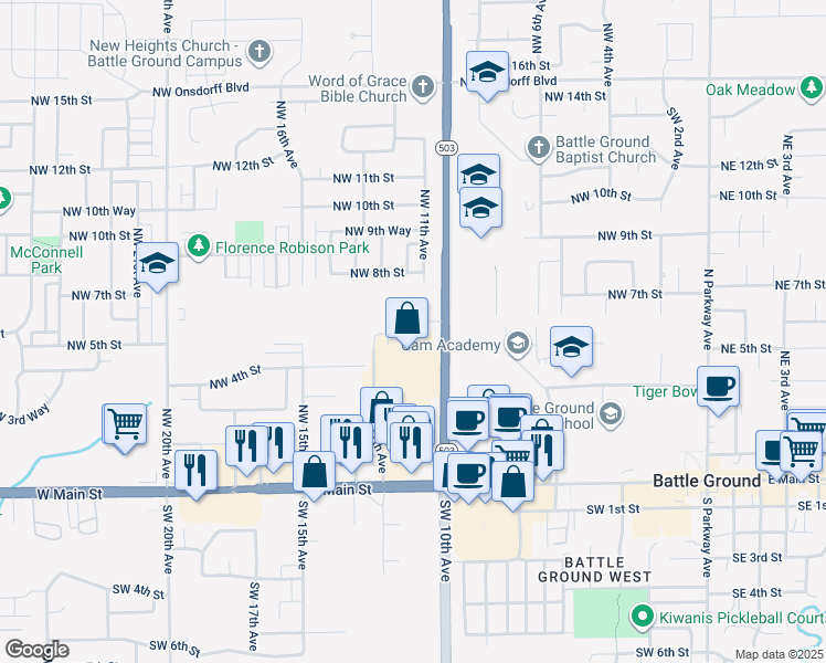 map of restaurants, bars, coffee shops, grocery stores, and more near 401 Northwest 12th Avenue in Battle Ground