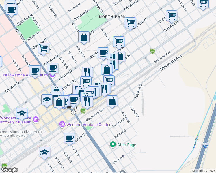 map of restaurants, bars, coffee shops, grocery stores, and more near 13 North 23rd Street in Billings