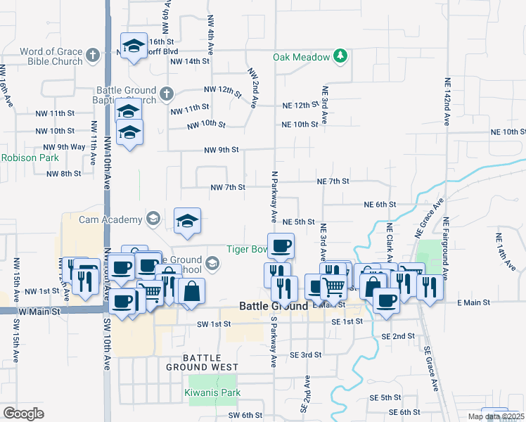 map of restaurants, bars, coffee shops, grocery stores, and more near 510 North Parkway Avenue in Battle Ground