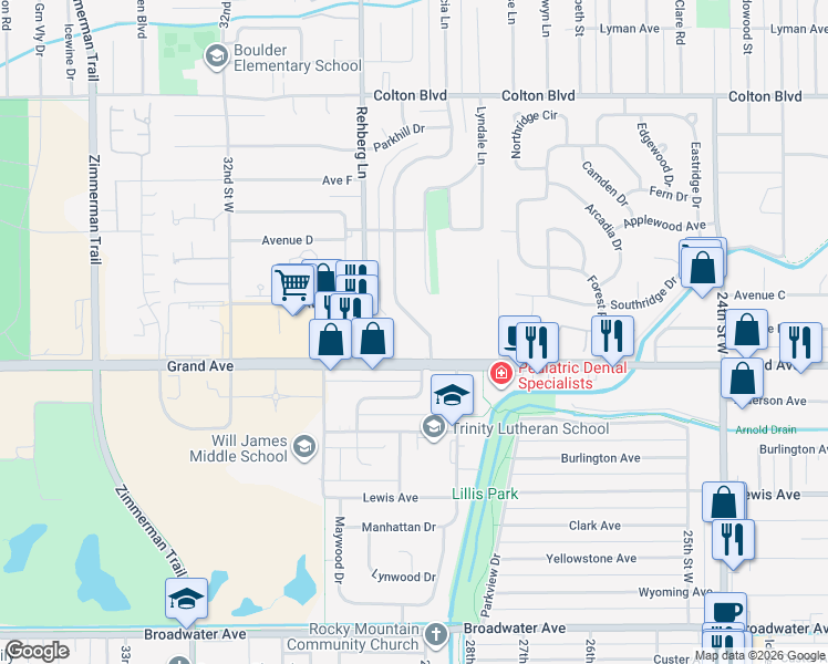 map of restaurants, bars, coffee shops, grocery stores, and more near 1400-1458 Patricia Lane in Billings