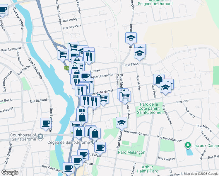 map of restaurants, bars, coffee shops, grocery stores, and more near 628 Rue Lachaîne in Saint-Jérôme