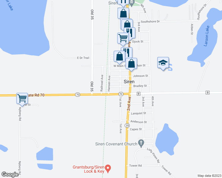 map of restaurants, bars, coffee shops, grocery stores, and more near 7732 Wisconsin 70 in Siren