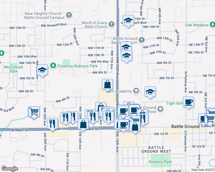 map of restaurants, bars, coffee shops, grocery stores, and more near 401 Northwest 12th Avenue in Battle Ground