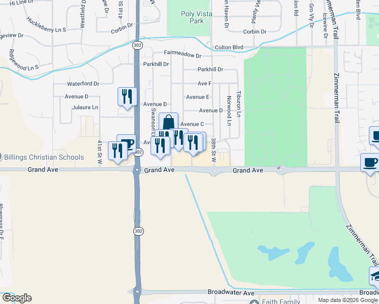 map of restaurants, bars, coffee shops, grocery stores, and more near 3860 Avenue B in Billings
