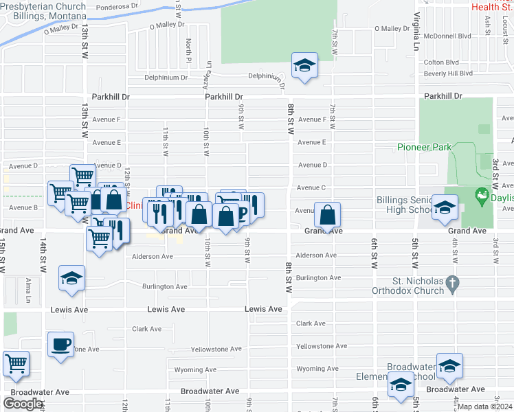 map of restaurants, bars, coffee shops, grocery stores, and more near 837 Avenue B in Billings