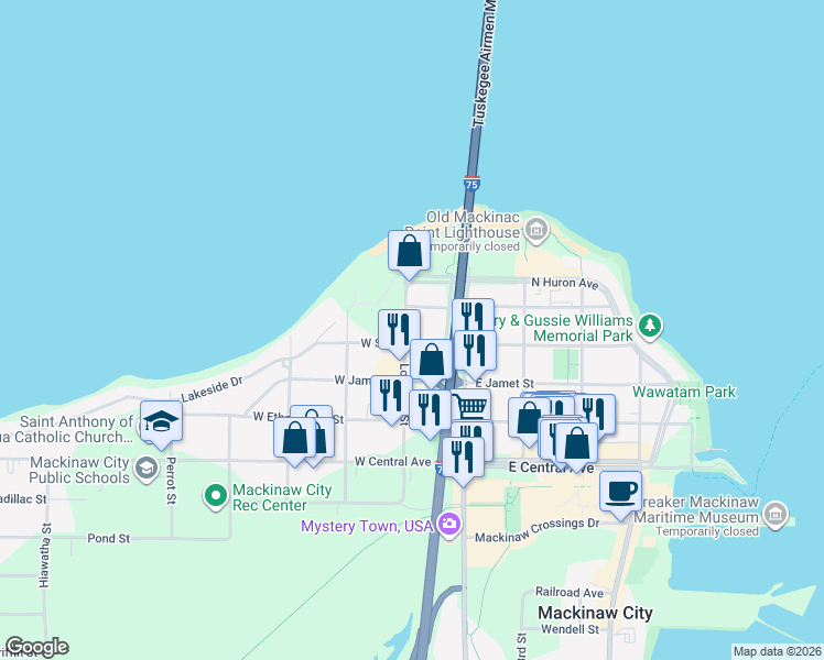 map of restaurants, bars, coffee shops, grocery stores, and more near 301-399 Louvigny St in Mackinaw City
