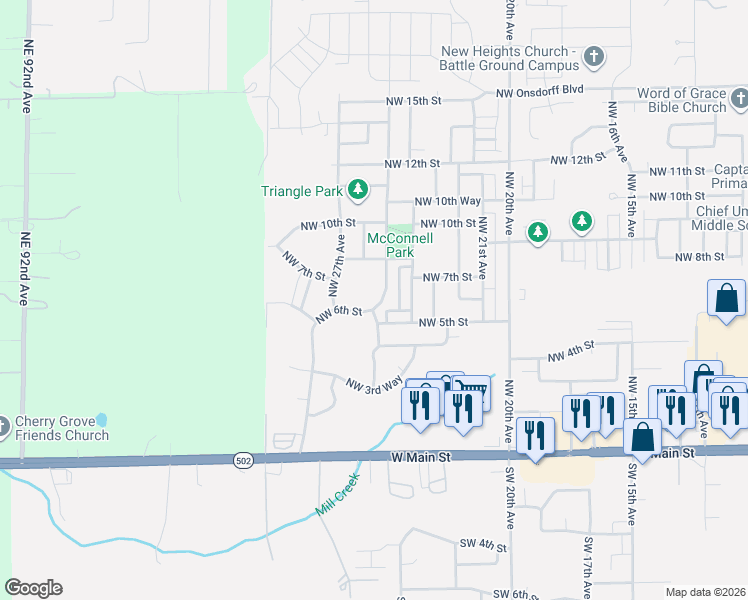 map of restaurants, bars, coffee shops, grocery stores, and more near 602 Northwest 25th Avenue in Battle Ground