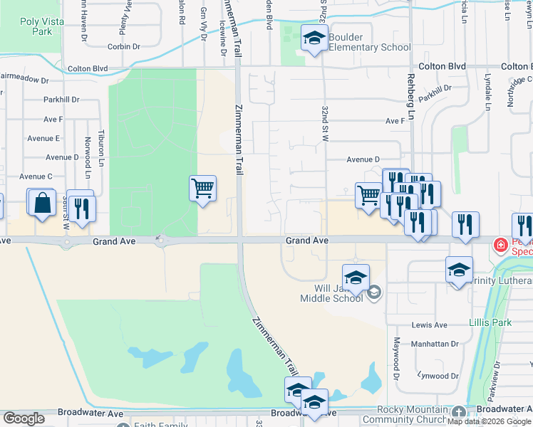 map of restaurants, bars, coffee shops, grocery stores, and more near 3307 Grand Avenue in Billings