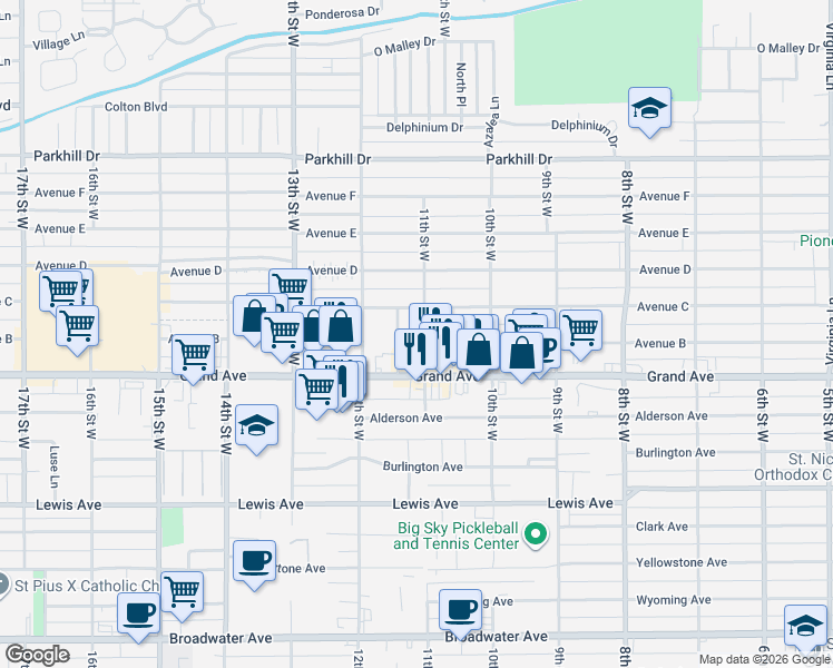 map of restaurants, bars, coffee shops, grocery stores, and more near 1105 Grand Avenue in Billings