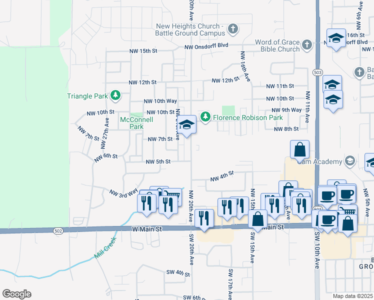 map of restaurants, bars, coffee shops, grocery stores, and more near 606 Northwest 20th Avenue in Battle Ground