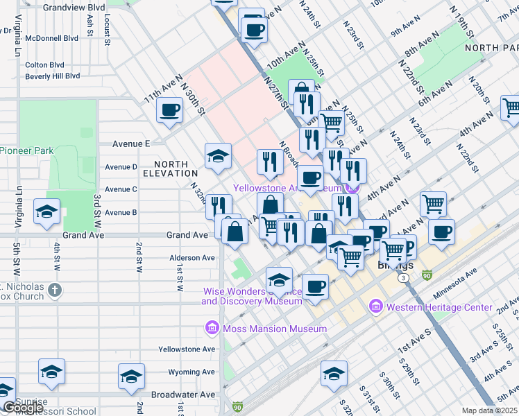 map of restaurants, bars, coffee shops, grocery stores, and more near 623 North 30th Street in Billings