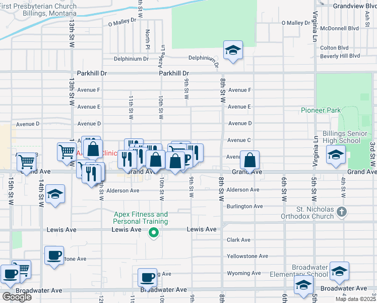 map of restaurants, bars, coffee shops, grocery stores, and more near 1615 9th Street West in Billings