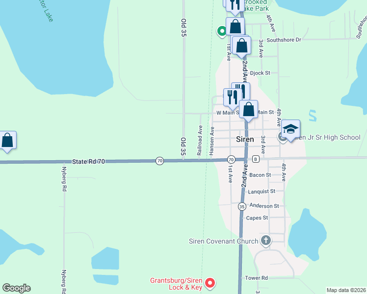 map of restaurants, bars, coffee shops, grocery stores, and more near 24021 Ellis Avenue in Siren