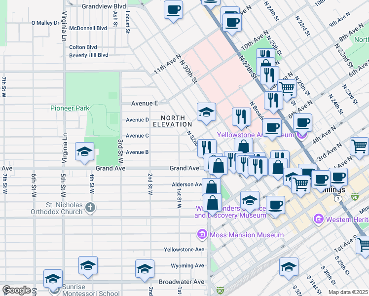 map of restaurants, bars, coffee shops, grocery stores, and more near 29 Avenue B in Billings