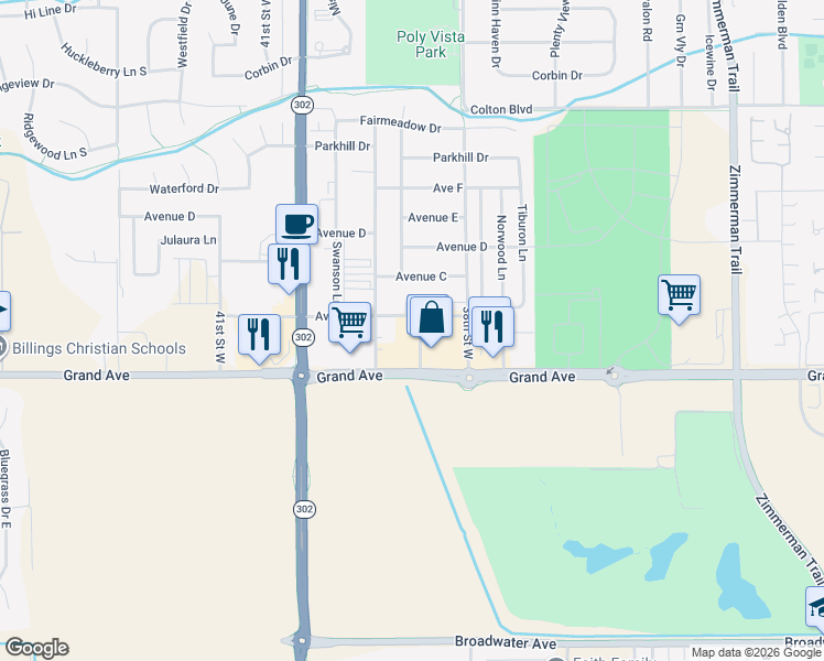 map of restaurants, bars, coffee shops, grocery stores, and more near 3860 Avenue B in Billings